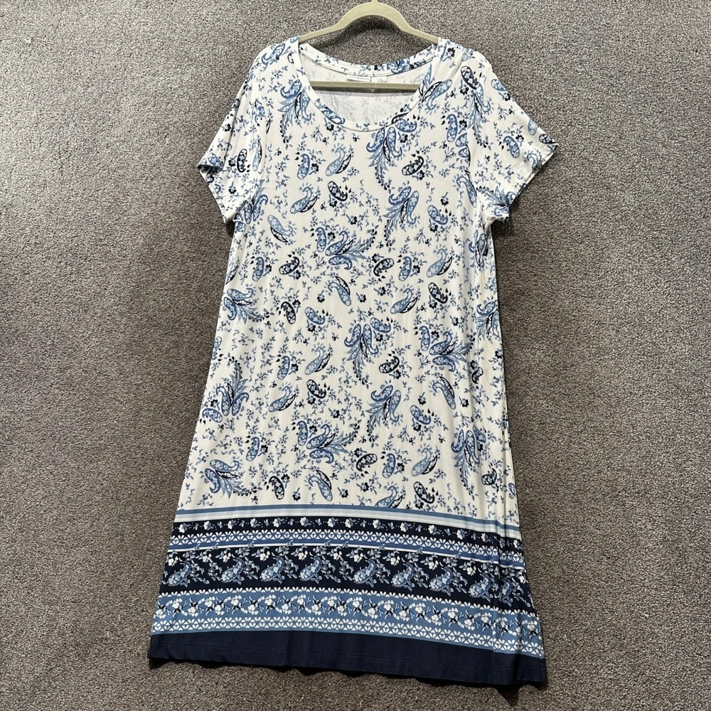 Lucky Brand Midi T-Shirt Dress Women 1X Blue White Paisley Border Print Stretch